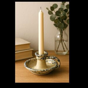 Salt Glazed Blue Spongeware Chamberstick Signed Vintage Candleholder